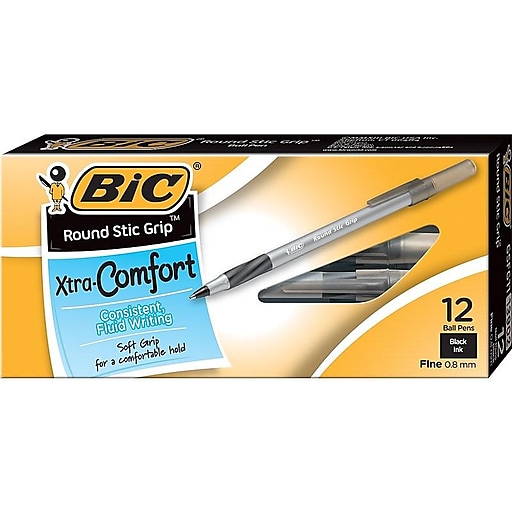 BIC Round Stic Grip Xtra Comfort Ballpoint Pens Fine Point Black Ink 395892 