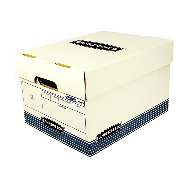 Bankers Box R-Kive O/S Heavy-Duty FastFold, File Storage Boxes, Lift-Off Lid, Letter/Legal Size, White/Blue, 20/BL (0077103) image 1
