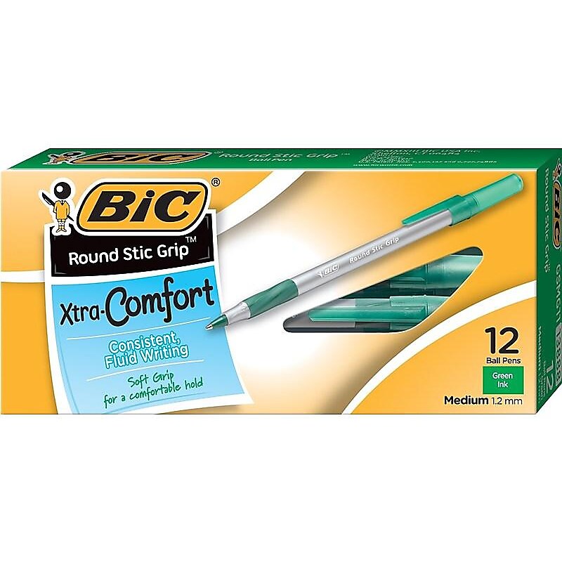 BIC Round Stic Grip Xtra Comfort Ballpoint Pens, Medium Point, Green Ink, Dozen (13888) image 1