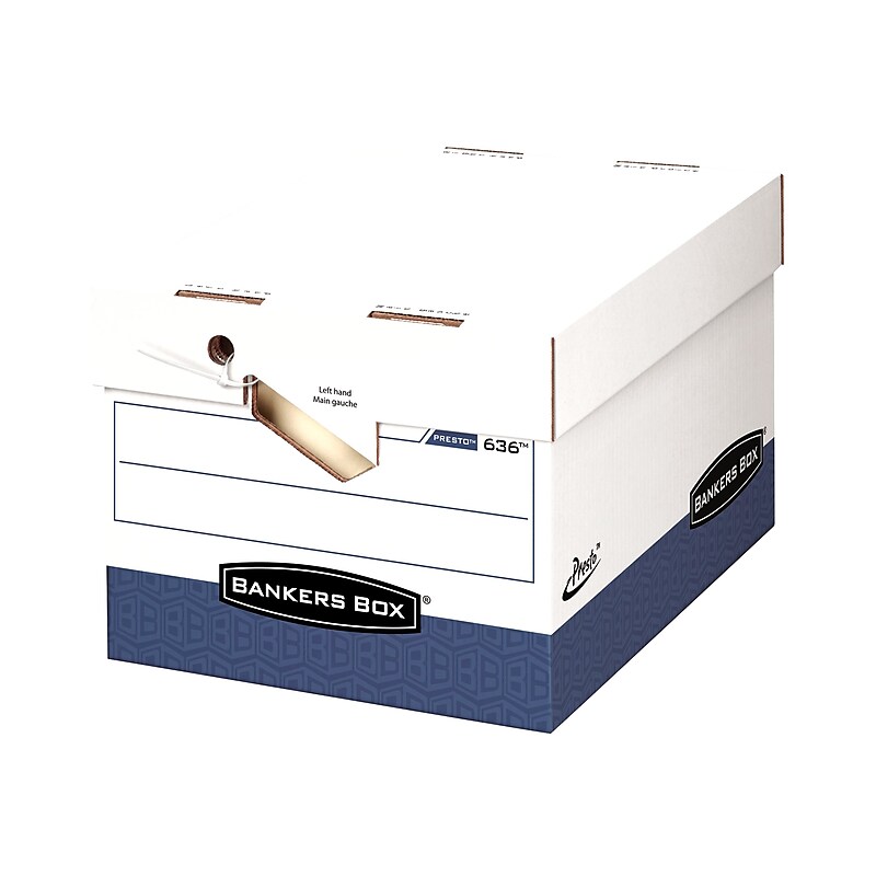 Bankers Box Heavy-Duty File Storage Boxes, Lift-Off Lid, Letter/Legal Size, White/Blue, 12/Carton (0063601) image 1