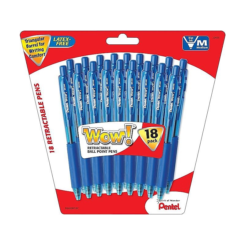 Pentel WOW! Retractable Ballpoint Pens, Medium Point, Blue Ink, 18 Pack (BK440BP18C) image 1