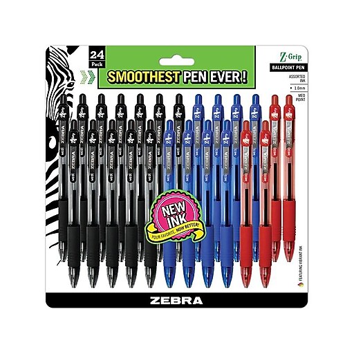 Zebra ZGrip Retractable Ballpoint Pen, Medium Point, Assorted Ink, 24