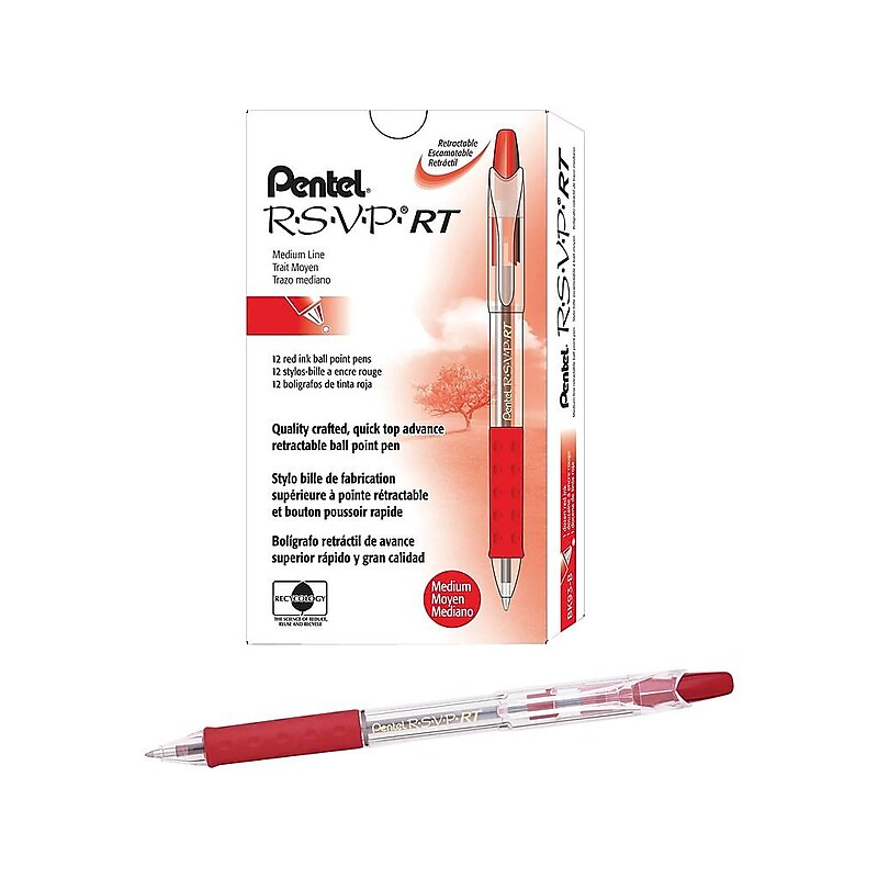 Pentel R.S.V.P. RT Retractable Ballpoint Pens, Medium Point, Red Ink, Dozen (BK93B) image 1