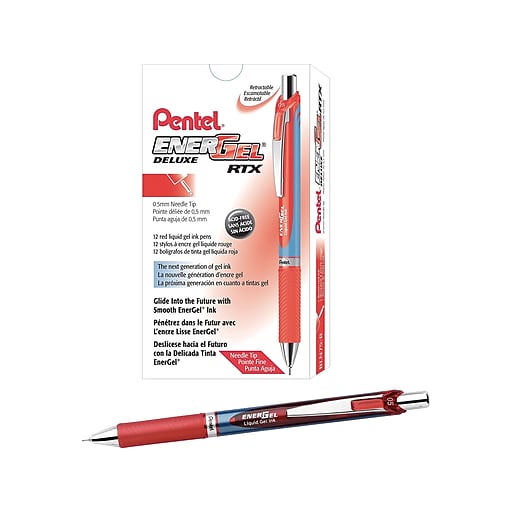 Pentel EnerGel Deluxe RTX Retractable Gel Pens, Fine Point, Red, Dozen