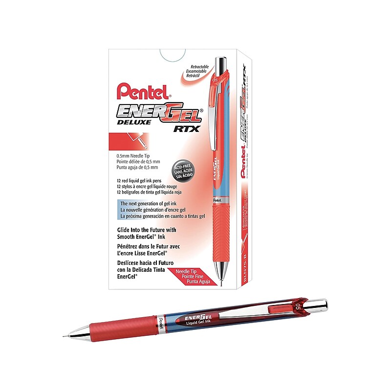 Pentel EnerGel Deluxe RTX Retractable Gel Pens, Fine Point, Red, Dozen (BLN75-B) image 1