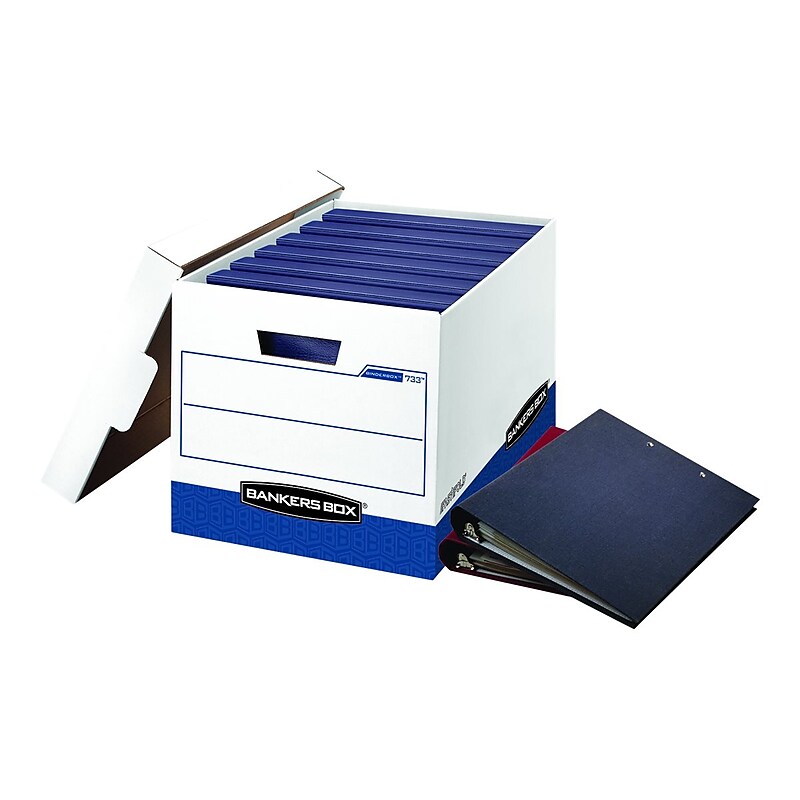 Bankers Box Heavy-Duty FastFold Corrugated File Storage Boxes, Lift-Off Lid, Binder Size, White/Blue, 12/Carton (0073301) image 1