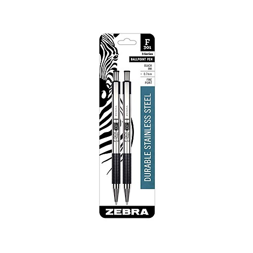 Zebra F301 Retractable Ballpoint Pen, Fine Point, Black Ink, 2/Pack