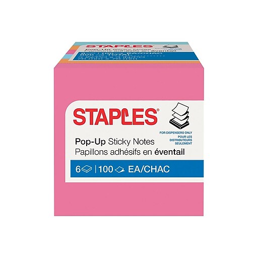 Staples Stickies Pop Up Standard Notes 3 X 3 Assorted Bright Colors 100 Sheets Pad 6 Pads Pack S33brp6 52559 Staples