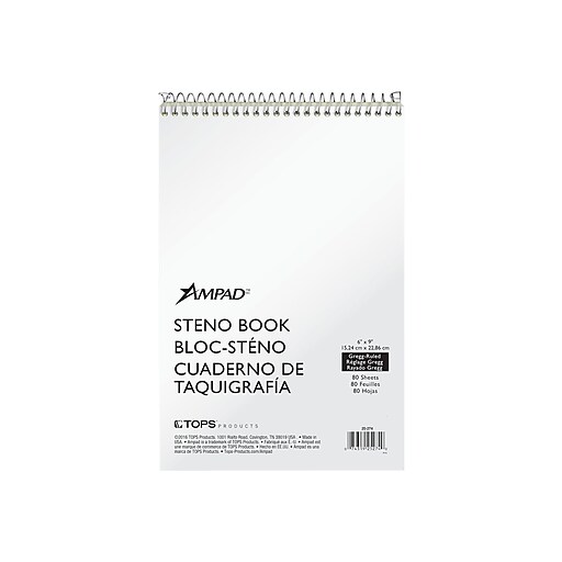 Ampad Steno Pad, 6" x 9", Gregg Ruled, White Cover, 80 Sheets/Pad