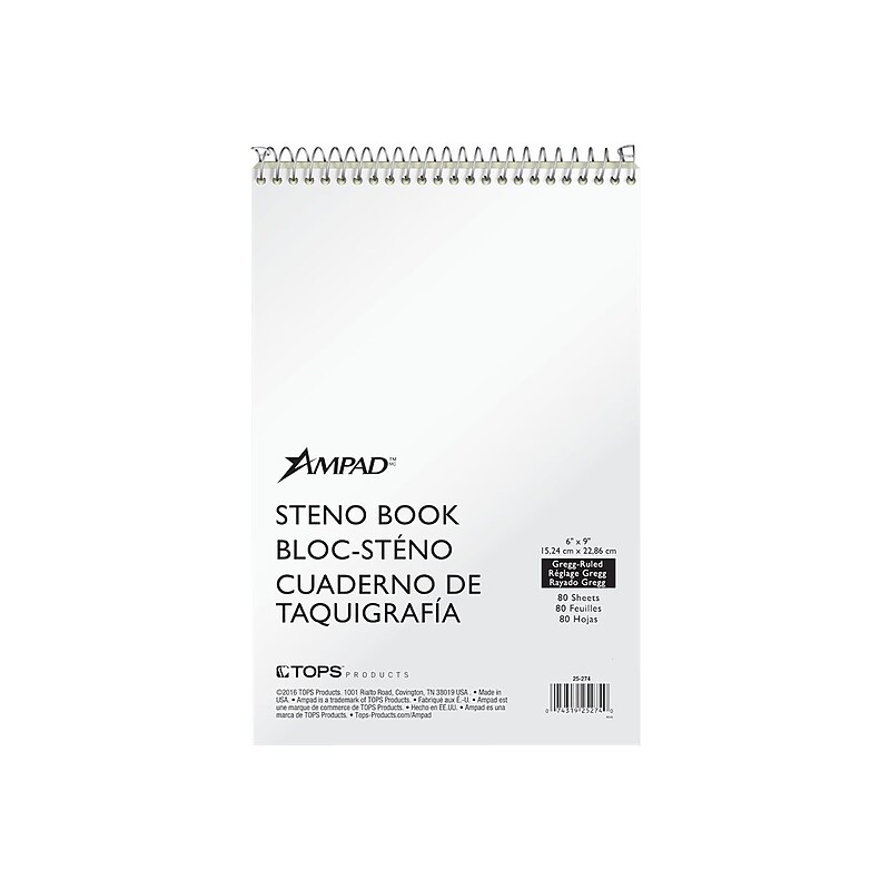 Ampad Steno Pad, 6" x 9", Gregg Ruled, White, 80 Sheets/Pad (25-274) image 1