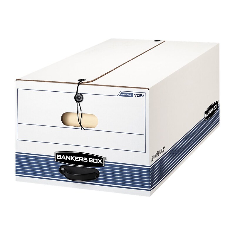 Bankers Box Stor/File Medium-Duty FastFold File Storage Boxes, String & Button, Legal Size, White/Blue, 4/Carton (0070503) image 1