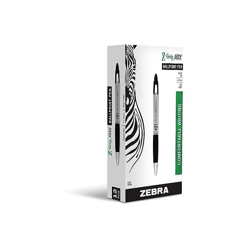 Zebra Z-Grip Max Retractable Ballpoint Pen, Medium Point, 1.0mm, Black Ink, Dozen (22410) image 1