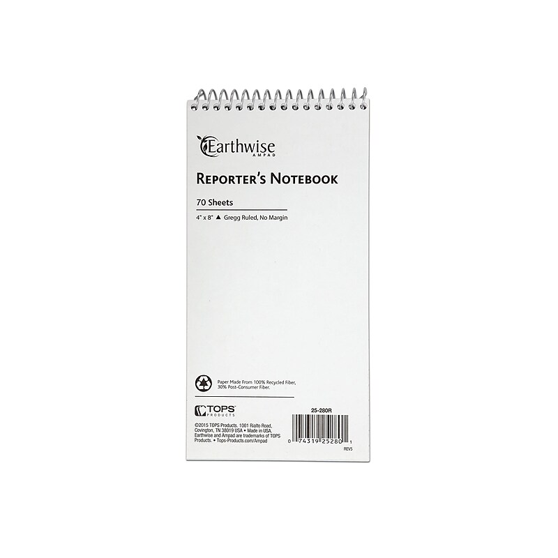 Ampad Earthwise Reporter's Notepads, 4" x 8", Gregg Ruled, White, 70 Sheets/Pad, 12 Pads/Pack (TOP25-280R) image 1