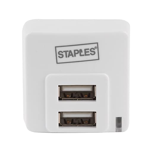 Staples Dual USB Adapter for Most Smartphones, White (19707) Staples