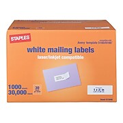 Staples Laser/Inkjet Address Labels, 1"H x 2 5/8"W, White, 30 Labels/Sheet, 1000 Sheets/Pack (18055)
