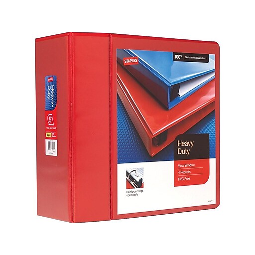 Staples Heavy Duty 5" 3Ring View Binder with DRings and Four Interior Pockets, Red (24702) at