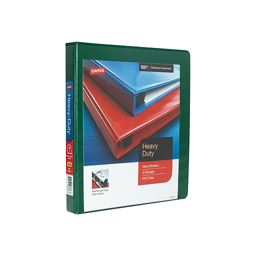 1" Staples® HeavyDuty View Binder with DRings, Green at Staples