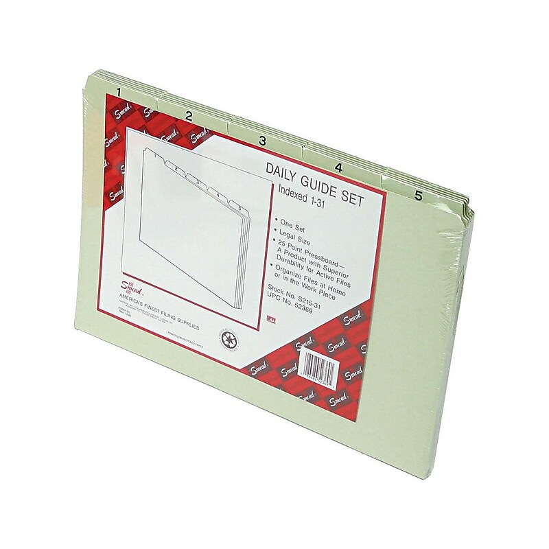 Smead Filing Guides, 1/5-Cut Tab (Daily 1-31), Legal Size, Gopher Green, 31/Set (52369) image 1