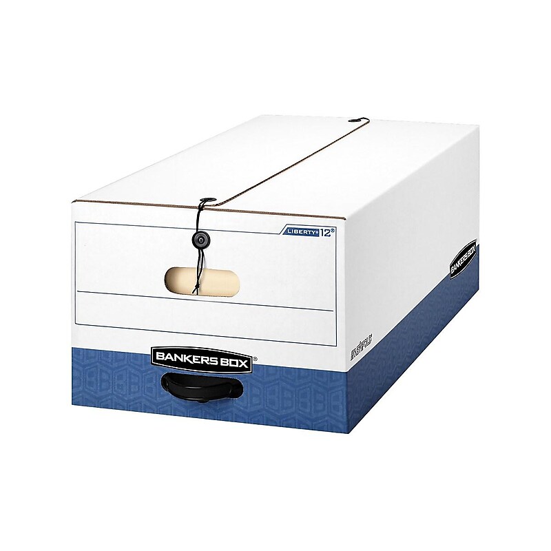 Bankers Box Heavy-Duty Corrugated File Storage Boxes, String & Button, Legal Size, White/Blue, 12/Carton (00012) image 1