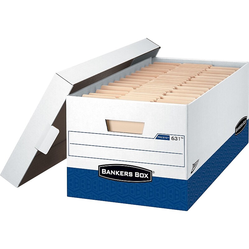 Bankers Box Presto Heavy-Duty Instant Assembly File Storage Boxes, Lift-Off Lid, Letter Size, White/Blue, 12/Carton (0063101) image 1