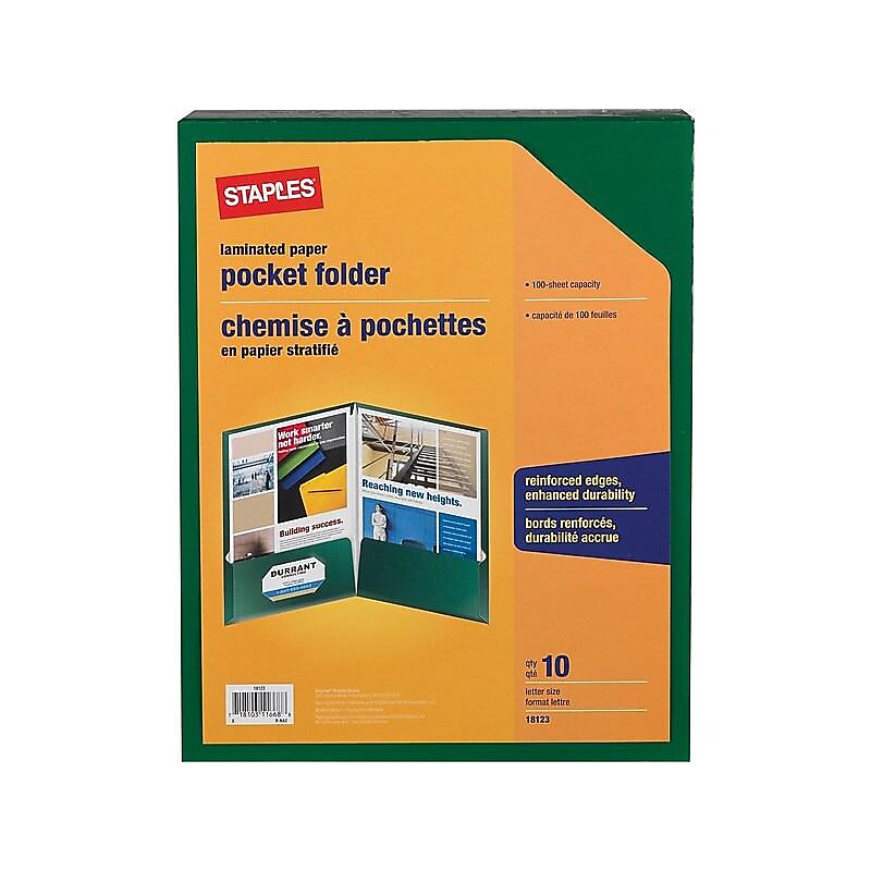 Staples 2-Pocket Laminated Folders, Green, 10/Pack (18123-US) image 1