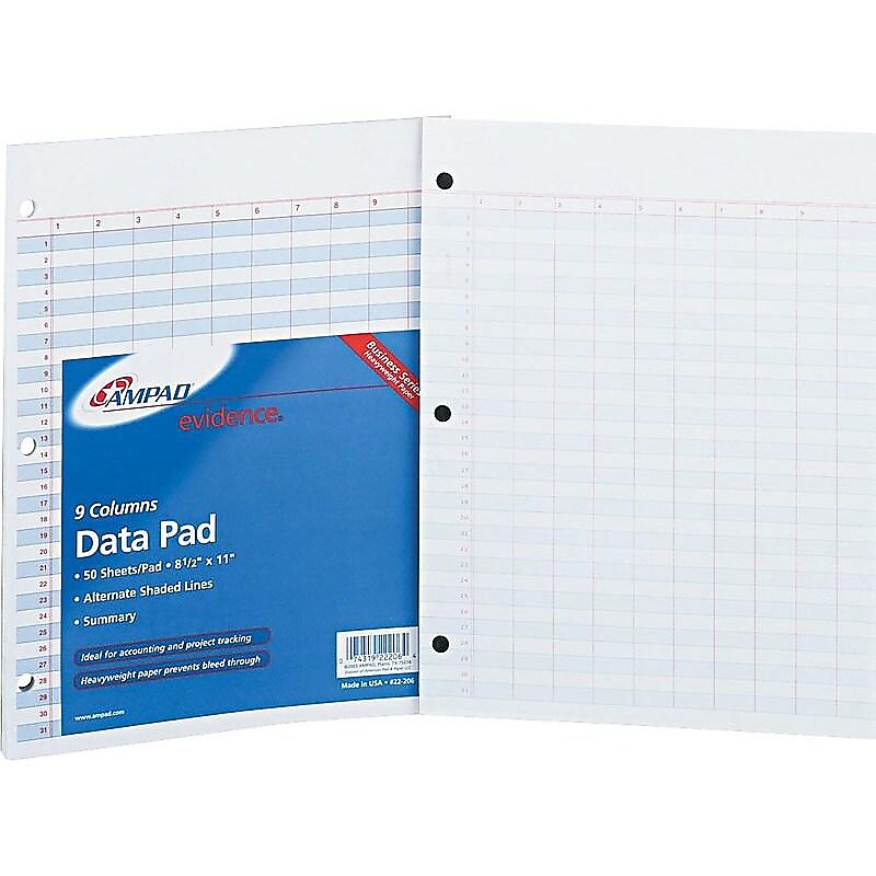 Ampad Notepad, 8.5" x 11", Data/Narrow Ruled, 9 Columns/31 Rows, White, 50 Sheets/Pad (TOP 22-206) image 1
