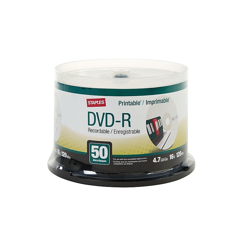 Staples 50599 16x DVD-R, White Inkjet Printable, 50/Pack image 1