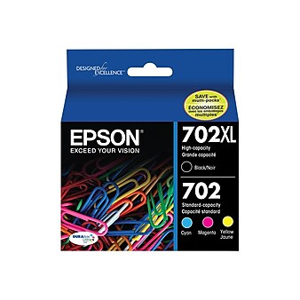 Epson T702XL/T702 Black High Yield and Cyan/Magenta/Yellow Standard Yield Ink Cartridge, 4/Pack (T702XL-BCS)
