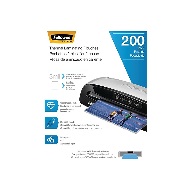 Fellowes Thermal Laminating Pouches, Letter Size, 3 Mil, 200/Pack (5743401) image 1