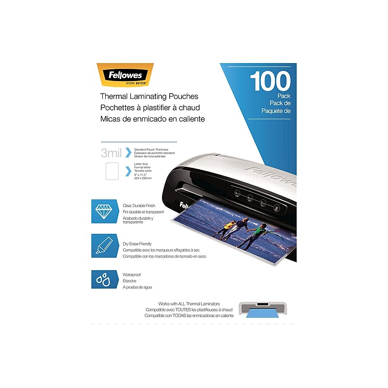 Fellowes Thermal Laminating Pouches, Letter Size, 3 Mil, 100/Pack (5743301) image 1