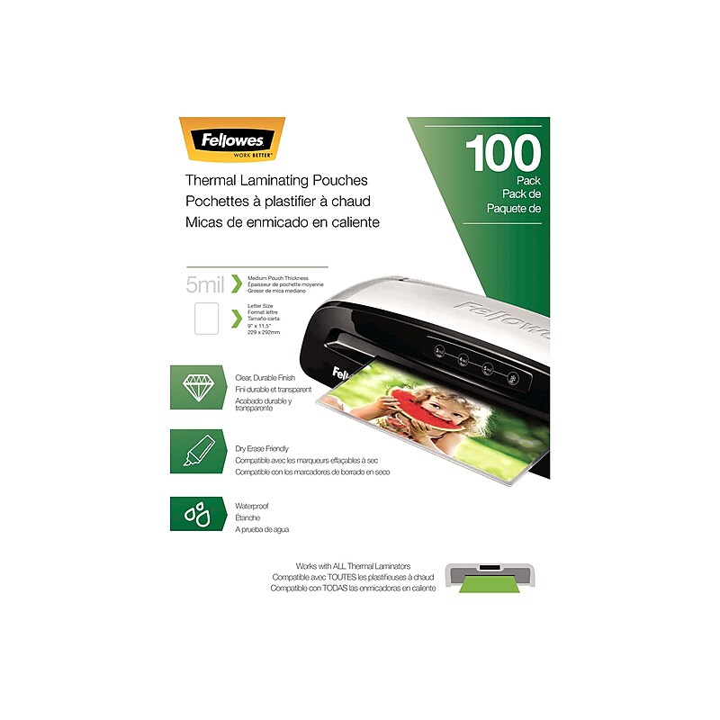 Fellowes Thermal Laminating Pouches, Letter Size, 5 Mil, 100/Pack (5743501) image 1