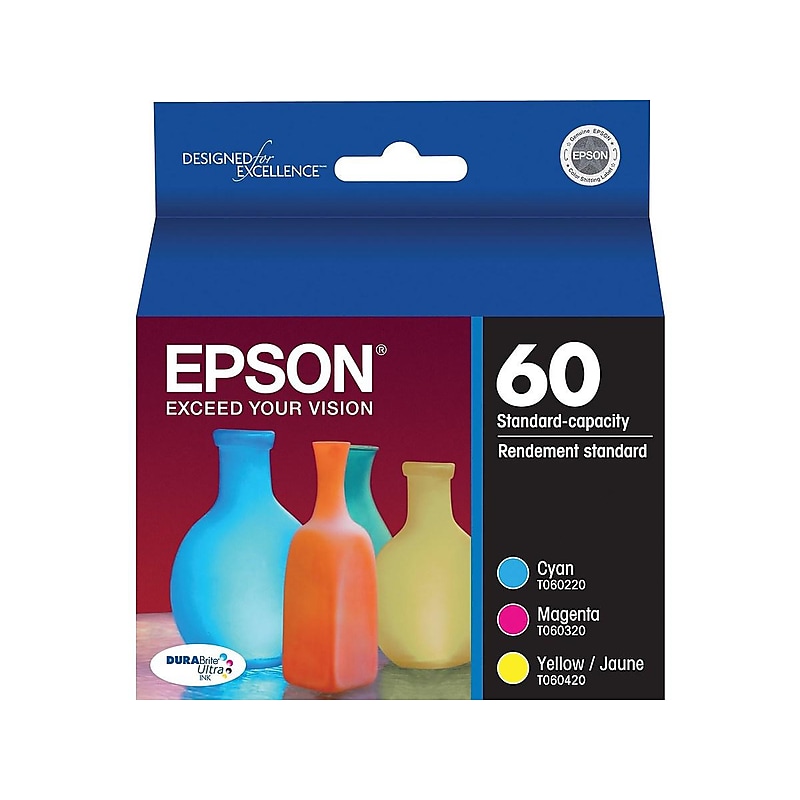 Epson T60 Cyan/Magenta/Yellow Standard Yield Ink Cartridge, 3/Pack image 1