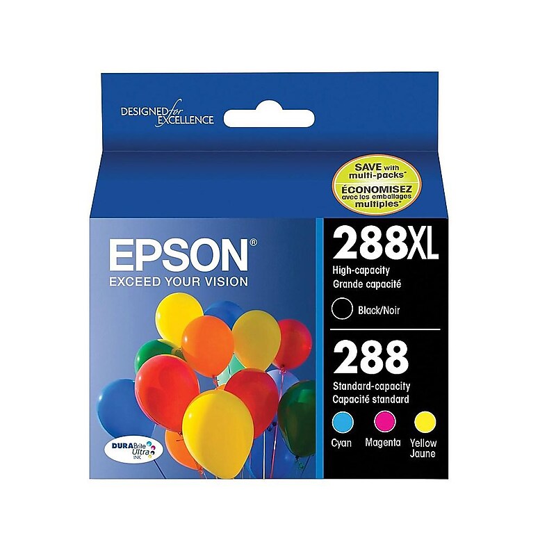 Epson T288 Black High Yield and Cyan/Magenta/Yellow Standard Yield Ink Cartridge, 4/Pack   (T288XL-BCS) image 1