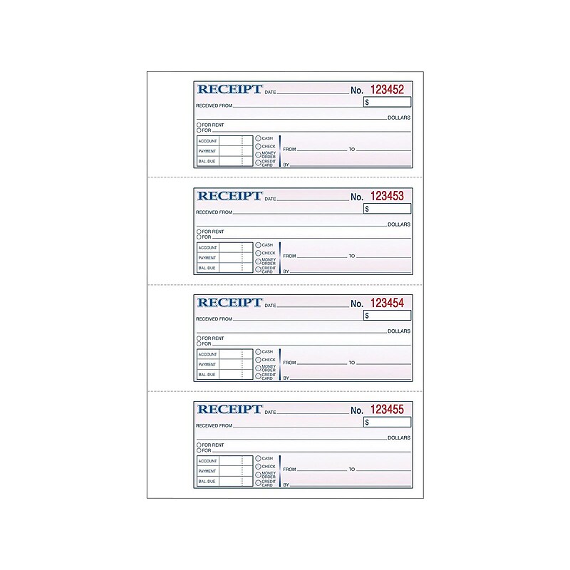 Adams 3-Part Carbonless Receipts Hardbound Book, 2.75"L x 7"W, 200 Forms/Hardbound Book (TCH1185) image 1