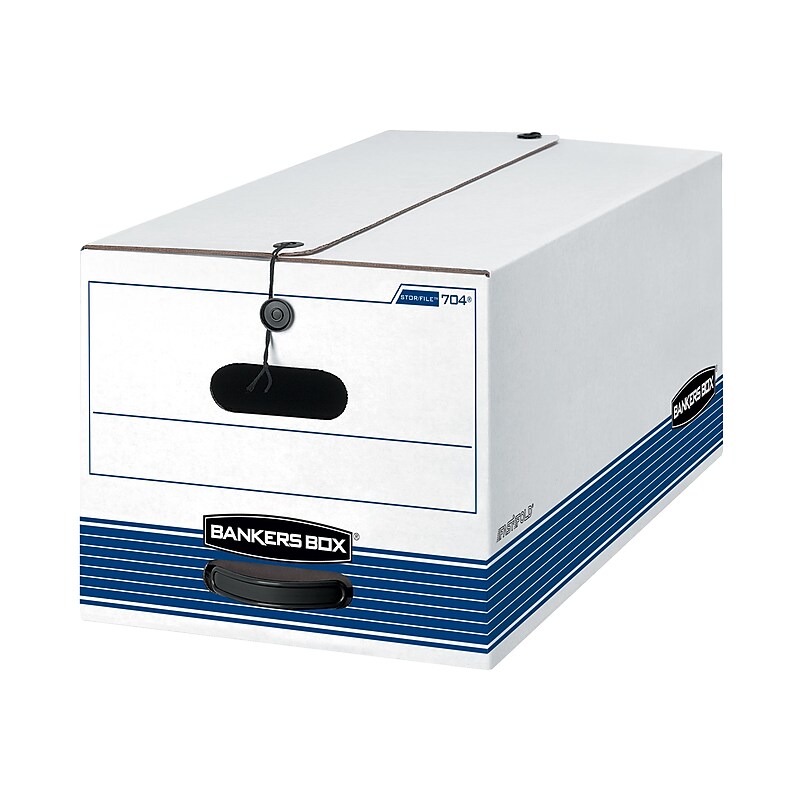 Bankers Box Stor/File Medium-Duty FastFold File Storage Boxes, String & Button, Letter Size, White/Blue, 12/Carton (00704) image 1