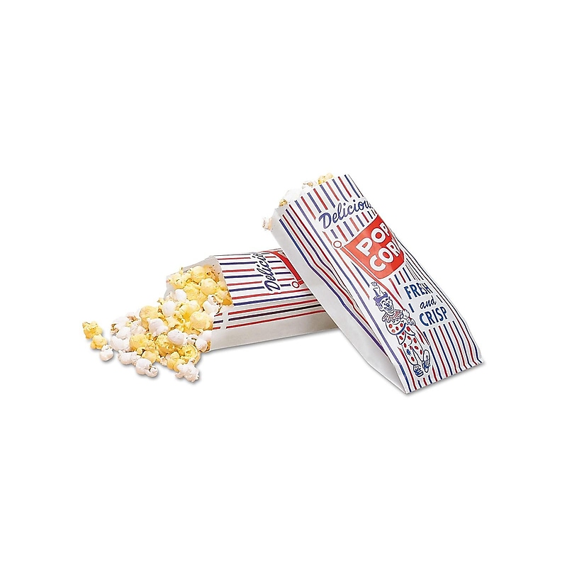 Bagcraft 8"H x 4"W x 1.5"D Popcorn Bags, White/Red/Blue, 1000/Box (300471) image 1