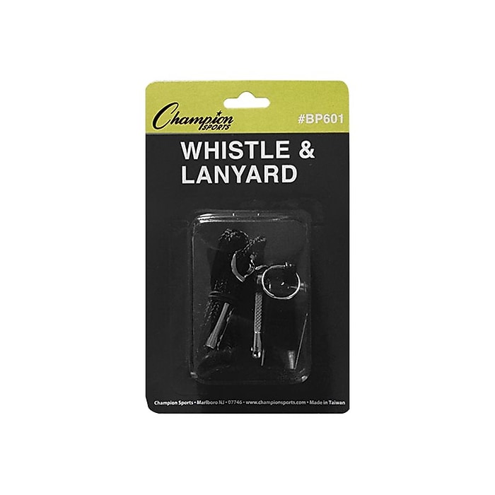 Champion Sports Plastic Whistle and Lanyard Combo, Black/Silver