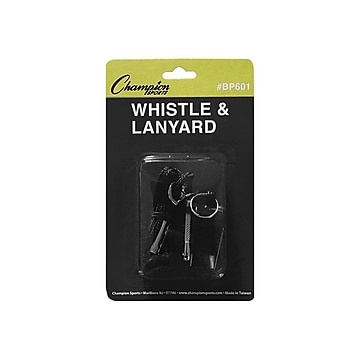 Champion Sports Plastic Whistle and Lanyard Combo Black/Silver, 12/Bundle (BP601)