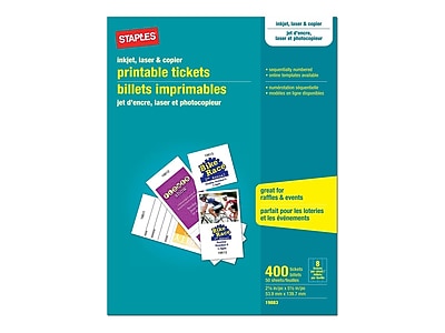 Staples Matte White Printable Tickets, 2.13" x 5.5", 8/Sheet, 50/Sheets Per Pack (19883)
