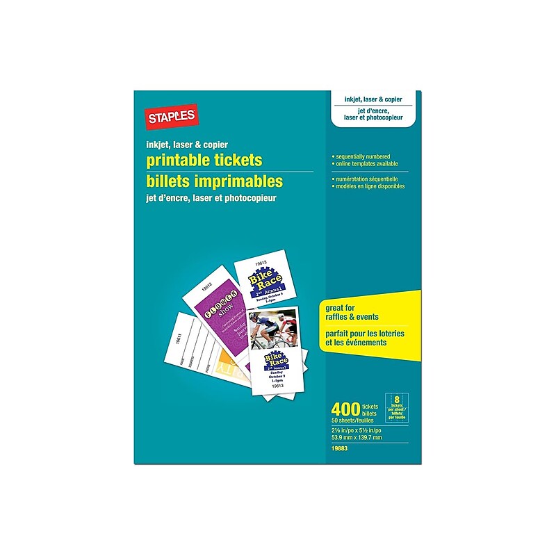 Staples Matte White Printable Tickets, 2.13" x 5.5", 8/Sheet, 50/Sheets Per Pack (19883) image 1