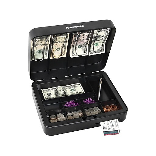Honeywell Deluxe Cash Box, 13 Compartments, Black (6113) Staples