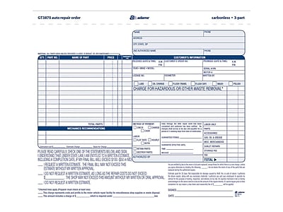 Adams Auto Repair Order Forms - 3 Part Carbonless, 50 Sets, 8.5 X 11 Inches, White & Canary (GT3810)