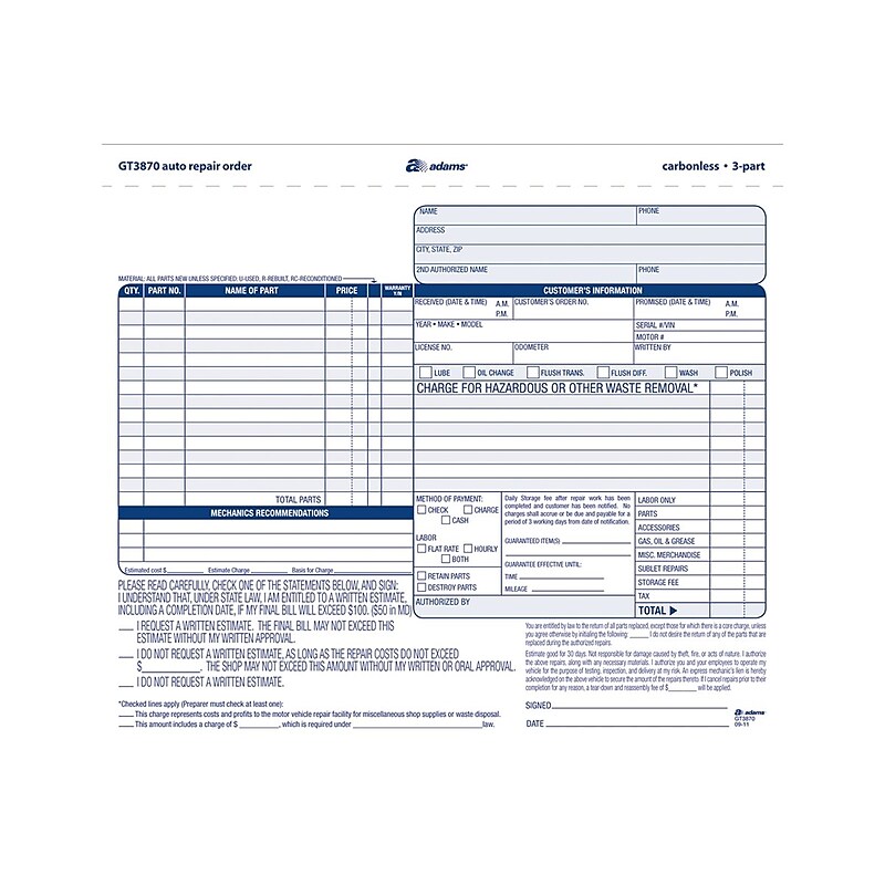 Adams 3-Part Carbonless Auto Repairs, 8.5"L x 7.44"W, 50 Sets/Book (GT3870) image 1