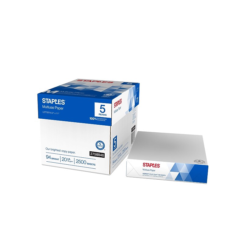Staples Multiuse Copy Paper, 8.5" x 11", 20 lbs., 94 Brightness, 500 Sheets/Ream, 5 Reams/Carton (51928) image 1