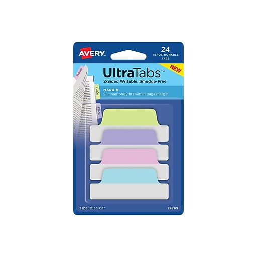 Avery UltraTabs Repositionable Margin Index Tabs, Pastels, 24 Tabs/Pack