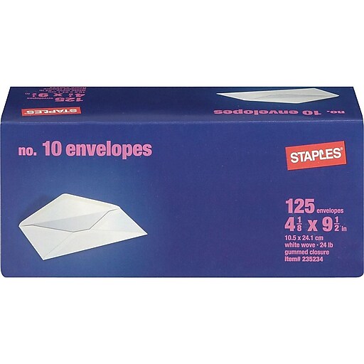 Staples Gummed White Wove 10 Standard Business Envelopes, 4 1/8" x 9 1