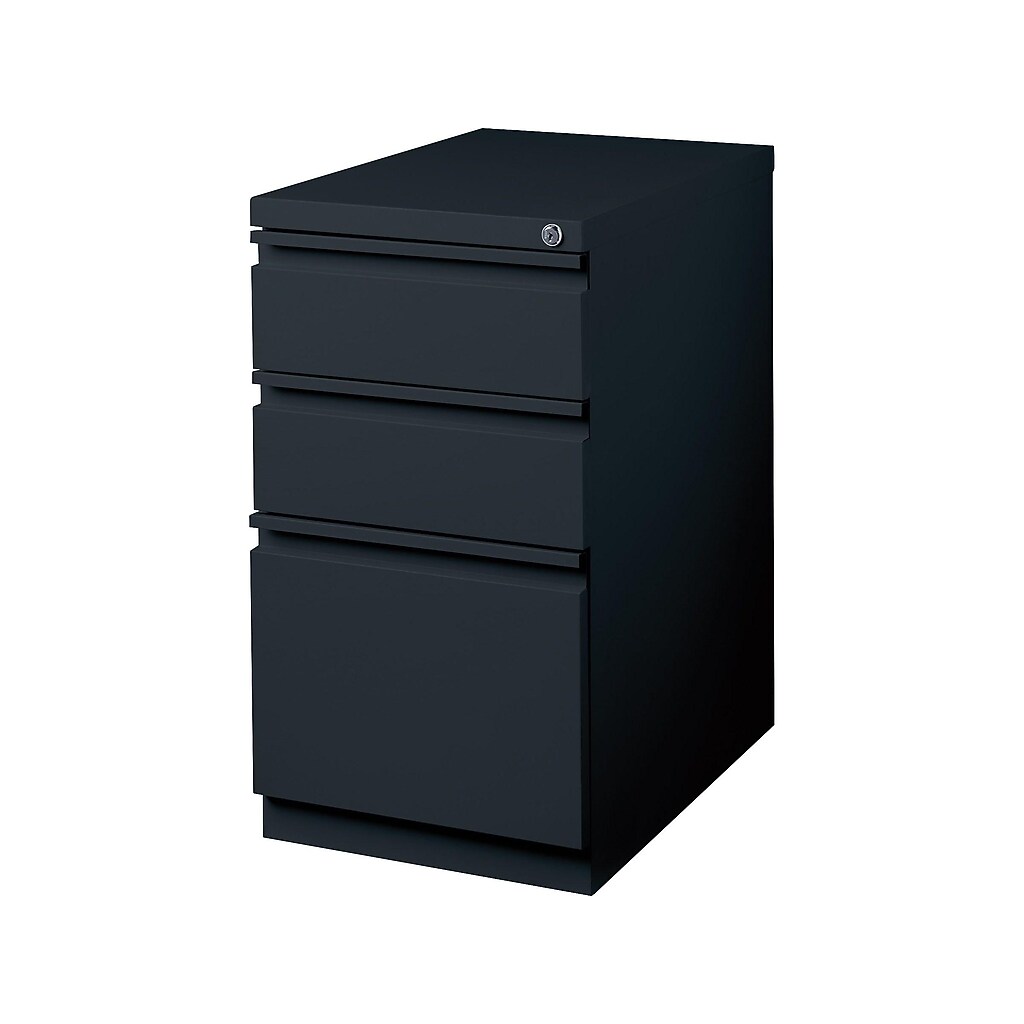 Three-drawer filing cabinet with lock, angled perspective