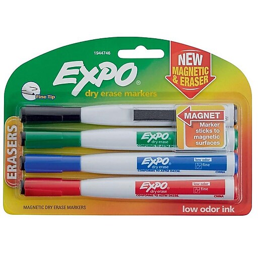 Expo® Dry Erase Markers with Eraser, Fine Tip, Assorted, 4/pk