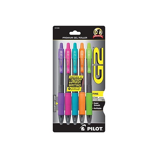 Pilot G2 Retractable Gel Pens, Fine Point, Assorted Ink, 5/Pack (31266