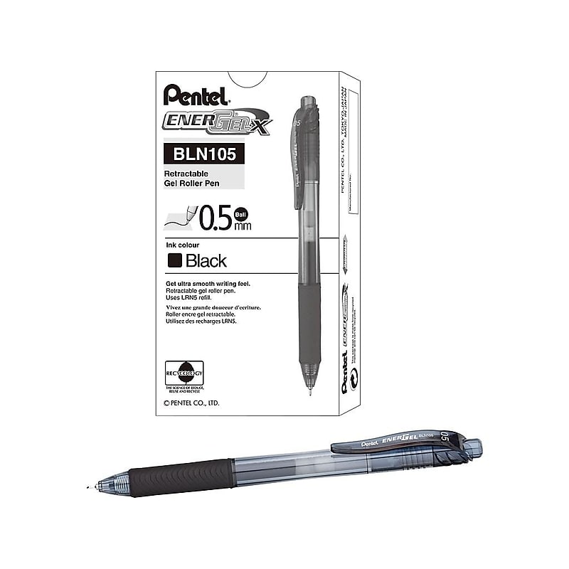 Pentel EnerGel-X Retractable Gel Pens, Fine Point, Black Ink, 12/Pack (BLN105-A) image 1